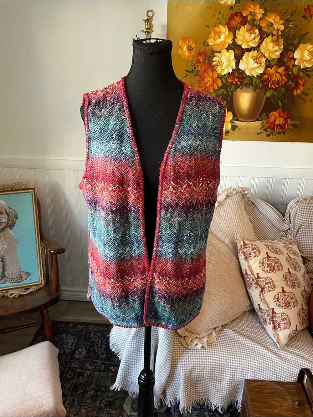 Genoa Vintage Knit Multicolor Open Front Sweater Vest - Size Large